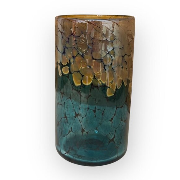 Handcrafted Hand Blown Glass Tumbler Short Vase w Reflective Iridescent Colors - Picture 4 of 16